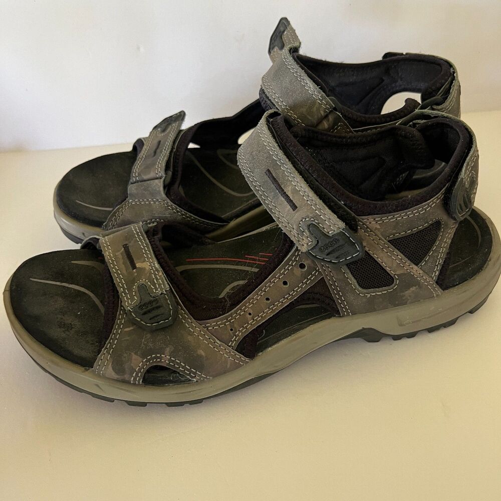 Ecco Sandals Mens Sz 12 Hook Loop Closure EU 45 Gray Yucatan Leather